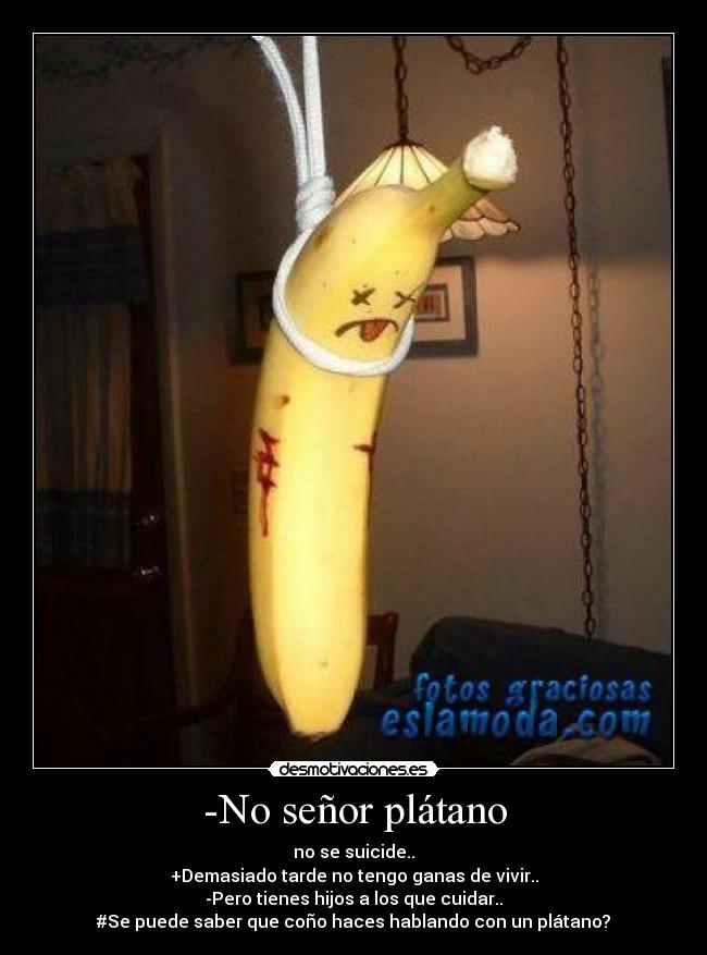 -No señor plátano - no se suicide..
+Demasiado tarde no tengo ganas de vivir..
-Pero tienes hijos a los que cuidar..
#Se puede saber que coño haces hablando con un plátano?
