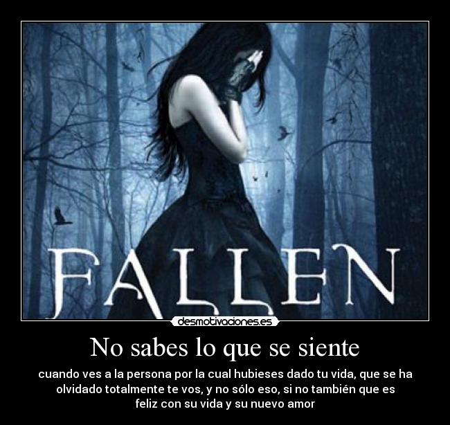 No sabes lo que se siente - cuando ves a la persona por la cual hubieses dado tu vida, que se ha
olvidado totalmente te vos, y no sólo eso, si no también que es
feliz con su vida y su nuevo amor