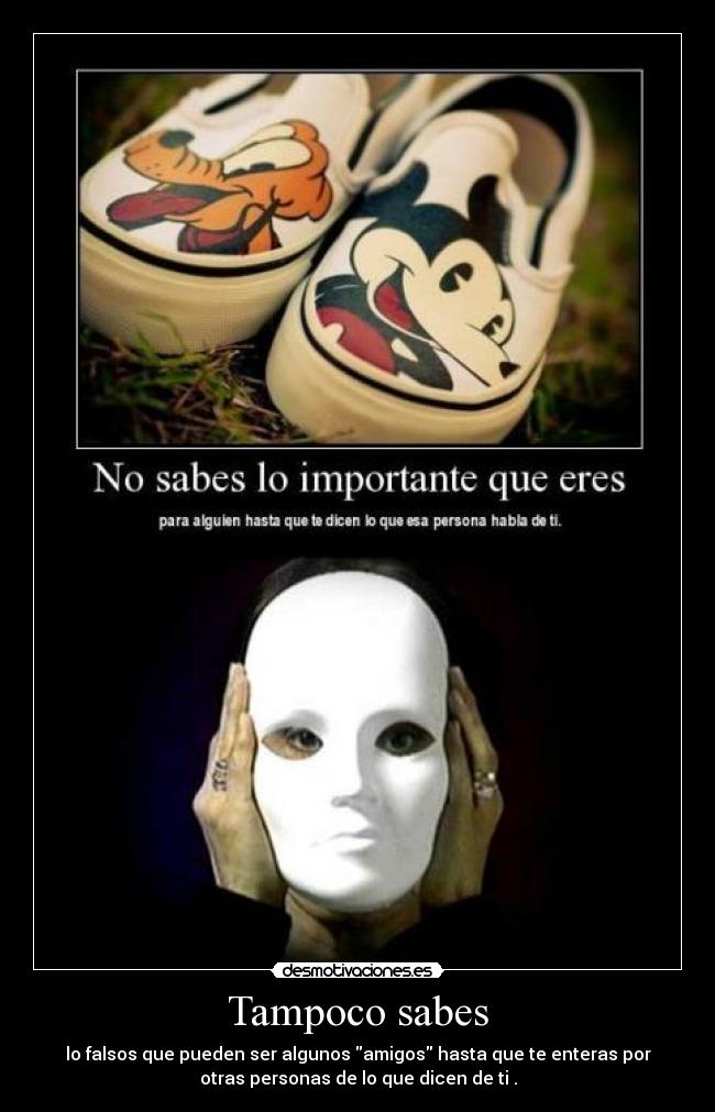 Tampoco sabes - lo falsos que pueden ser algunos amigos hasta que te enteras por
otras personas de lo que dicen de ti .