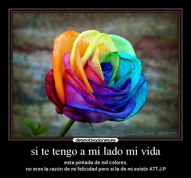 si te tengo a mi lado mi vida - esta pintada de mil colores.
no eres la razón de mi felicidad pero si la de mi existir ATT:J.P