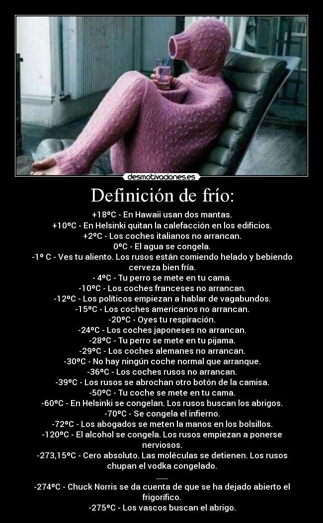 Definición de frío: - +18ºC - En Hawaii usan dos mantas.
+10ºC - En Helsinki quitan la calefacción en los edificios.
+2ºC - Los coches italianos no arrancan.
0ºC - El agua se congela.
-1º C - Ves tu aliento. Los rusos están comiendo helado y bebiendo
cerveza bien fría.
- 4ºC - Tu perro se mete en tu cama.
-10ºC - Los coches franceses no arrancan.
-12ºC - Los políticos empiezan a hablar de vagabundos.
-15ºC - Los coches americanos no arrancan.
-20ºC - Oyes tu respiración.
-24ºC - Los coches japoneses no arrancan.
-28ºC - Tu perro se mete en tu pijama.
-29ºC - Los coches alemanes no arrancan.
-30ºC - No hay ningún coche normal que arranque.
-36ºC - Los coches rusos no arrancan.
-39ºC - Los rusos se abrochan otro botón de la camisa.
-50ºC - Tu coche se mete en tu cama.
-60ºC - En Helsinki se congelan. Los rusos buscan los abrigos.
-70ºC - Se congela el infierno.
-72ºC - Los abogados se meten la manos en los bolsillos.
-120ºC - El alcohol se congela. Los rusos empiezan a ponerse
nerviosos.
-273,15ºC - Cero absoluto. Las moléculas se detienen. Los rusos
chupan el vodka congelado.
......
-274ºC - Chuck Norris se da cuenta de que se ha dejado abierto el
frigorífico.
-275ºC - Los vascos buscan el abrigo.