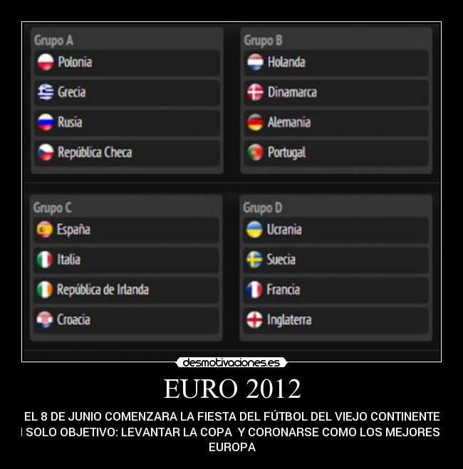 EURO 2012 - EL 8 DE JUNIO COMENZARA LA FIESTA DEL FÚTBOL DEL VIEJO CONTINENTE
UN SOLO OBJETIVO: LEVANTAR LA COPA Y CORONARSE COMO LOS MEJORES DE
EUROPA