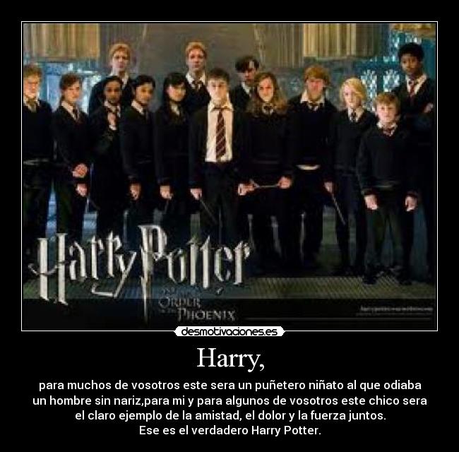 Harry, - para muchos de vosotros este sera un puñetero niñato al que odiaba
un hombre sin nariz,para mi y para algunos de vosotros este chico sera
el claro ejemplo de la amistad, el dolor y la fuerza juntos.
Ese es el verdadero Harry Potter.