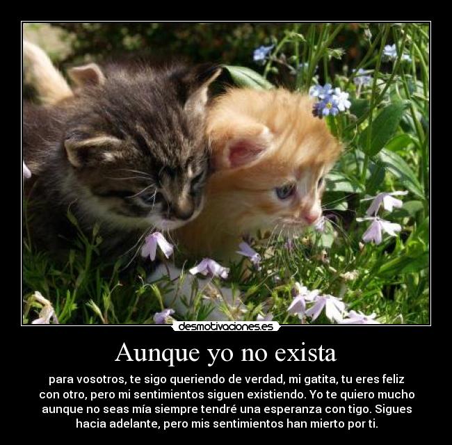 Aunque yo no exista - para vosotros, te sigo queriendo de verdad, mi gatita, tu eres feliz
con otro, pero mi sentimientos siguen existiendo. Yo te quiero mucho
aunque no seas mía siempre tendré una esperanza con tigo. Sigues
hacia adelante, pero mis sentimientos han mierto por ti.