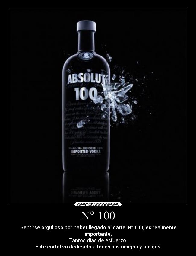 N° 100 - Sentirse orgulloso por haber llegado al cartel N° 100, es realmente importante.
Tantos días de esfuerzo.
Este cartel va dedicado a todos mis amigos y amigas.