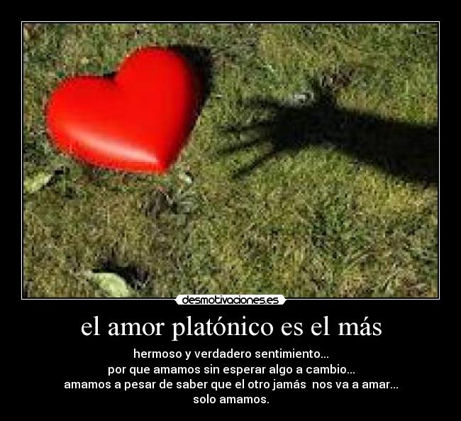 el amor platónico es el más - hermoso y verdadero sentimiento...
por que amamos sin esperar algo a cambio...
amamos a pesar de saber que el otro jamás nos va a amar...
solo amamos.
