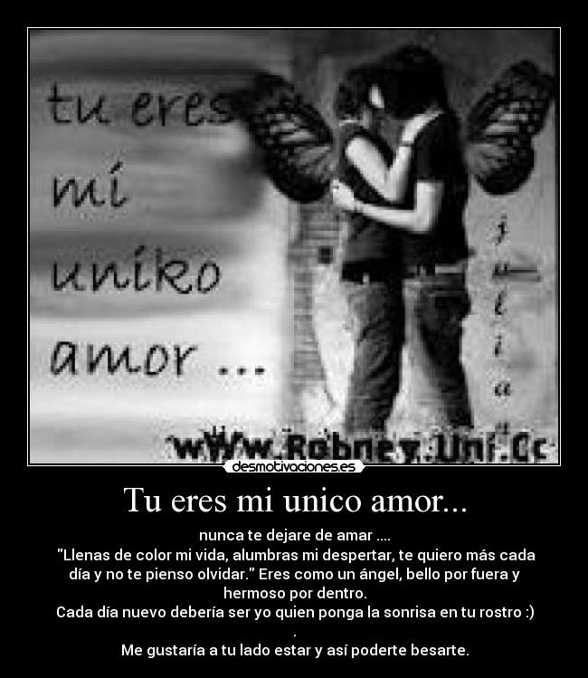 Tu eres mi unico amor... - nunca te dejare de amar ....
 Llenas de color mi vida, alumbras mi despertar, te quiero más cada
día y no te pienso olvidar. Eres como un ángel, bello por fuera y
hermoso por dentro.
Cada día nuevo debería ser yo quien ponga la sonrisa en tu rostro :)
.
Me gustaría a tu lado estar y así poderte besarte.