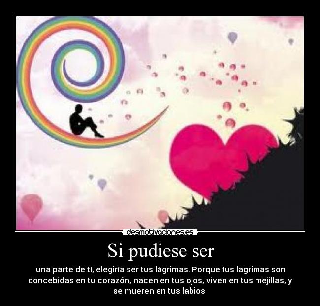 Si pudiese ser - una parte de tí, elegiría ser tus lágrimas. Porque tus lagrimas son
concebidas en tu corazón, nacen en tus ojos, viven en tus mejillas, y
se mueren en tus labios ♥