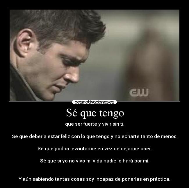 Sé que tengo - que ser fuerte y vivir sin ti.
Sé que debería estar feliz con lo que tengo y no echarte tanto de menos.
Sé que podría levantarme en vez de dejarme caer.
Sé que si yo no vivo mi vida nadie lo hará por mí.
Y aún sabiendo tantas cosas soy incapaz de ponerlas en práctica.