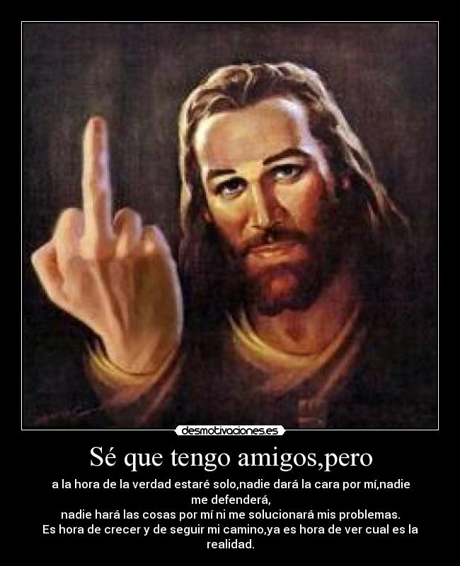 Sé que tengo amigos,pero - a la hora de la verdad estaré solo,nadie dará la cara por mí,nadie me defenderá,
nadie hará las cosas por mí ni me solucionará mis problemas.
Es hora de crecer y de seguir mi camino,ya es hora de ver cual es la realidad.