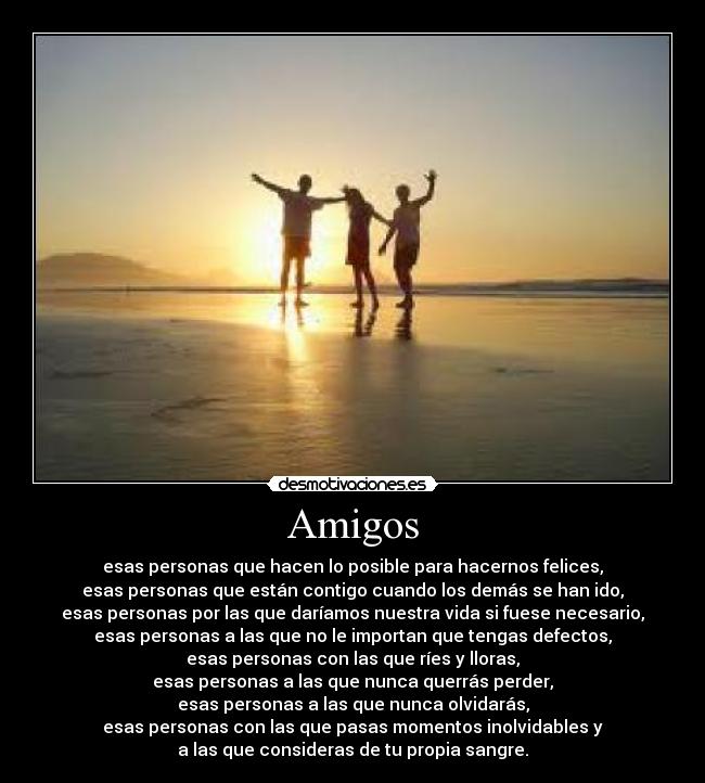 Amigos - esas personas que hacen lo posible para hacernos felices,
esas personas que están contigo cuando los demás se han ido,
esas personas por las que daríamos nuestra vida si fuese necesario,
esas personas a las que no le importan que tengas defectos,
esas personas con las que ríes y lloras,
esas personas a las que nunca querrás perder,
esas personas a las que nunca olvidarás,
esas personas con las que pasas momentos inolvidables y
a las que consideras de tu propia sangre.