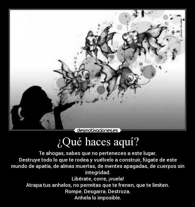 ¿Qué haces aqu� - Te ahogas, sabes que no perteneces a este lugar.
Destruye todo lo que te rodea y vuélvelo a construir, fúgate de este
mundo de apatÃa, de almas muertas, de mentes apagadas, de cuerpos sin
integridad.
Libérate, corre, ¡vuela!
Atrapa tus anhelos, no permitas que te frenen, que te limiten.
Rompe. Desgarra. Destroza.
Anhela lo imposible.