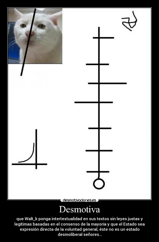 Desmotiva - que Walt_k ponga intertextualidad en sus textos sin leyes justas y
legítimas basadas en el consenso de la mayoría y que el Estado sea
expresión directa de la voluntad general, éste no es un estado
desmoliberal señores...