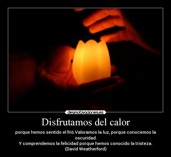 Disfrutamos del calor - porque hemos sentido el frió.Valoramos la luz, porque conocemos la oscuridad.
Y comprendemos la felicidad porque hemos conocido la tristeza.
(David Weatherford)