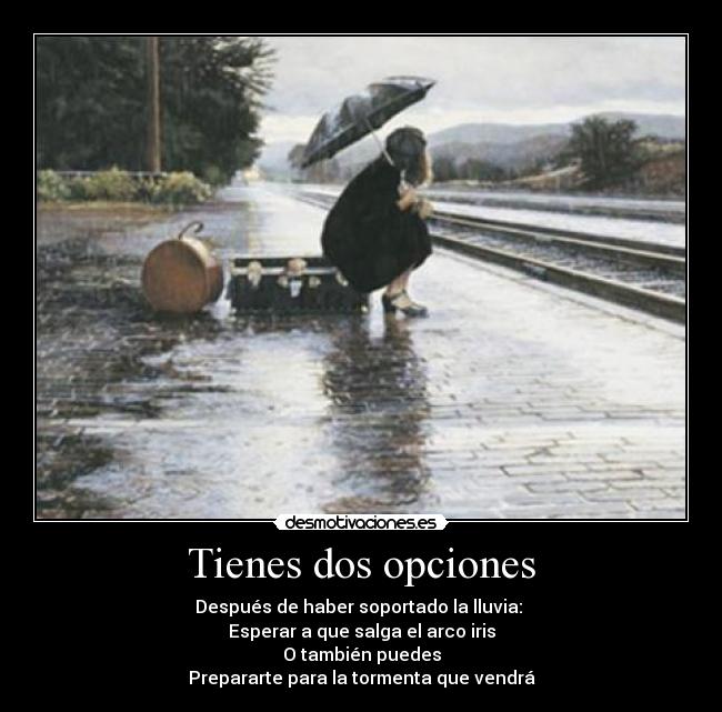 Tienes dos opciones - Después de haber soportado la lluvia:
Esperar a que salga el arco iris
O también puedes
Prepararte para la tormenta que vendrá