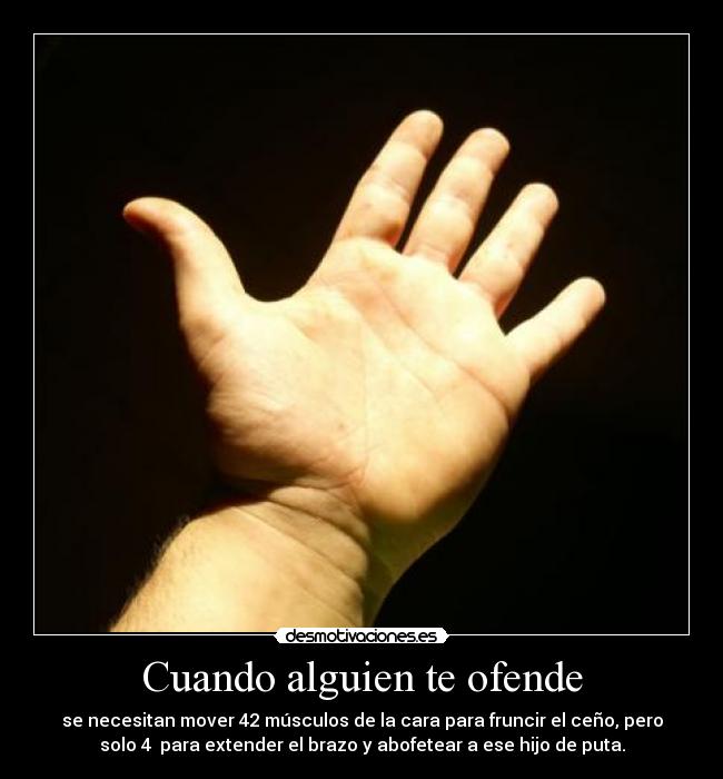 Cuando alguien te ofende - se necesitan mover 42 músculos de la cara para fruncir el ceño, pero
solo 4  para extender el brazo y abofetear a ese hijo de puta.