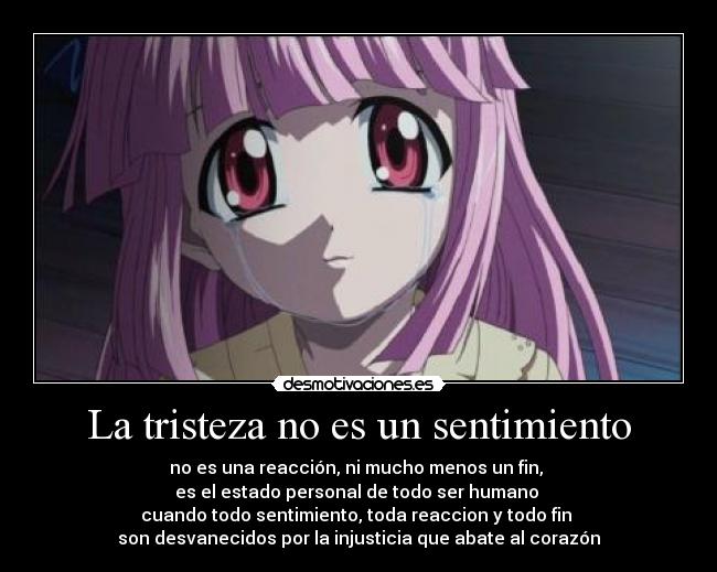 La tristeza no es un sentimiento - no es una reacción, ni mucho menos un fin,
es el estado personal de todo ser humano
cuando todo sentimiento, toda reaccion y todo fin
son desvanecidos por la injusticia que abate al corazón