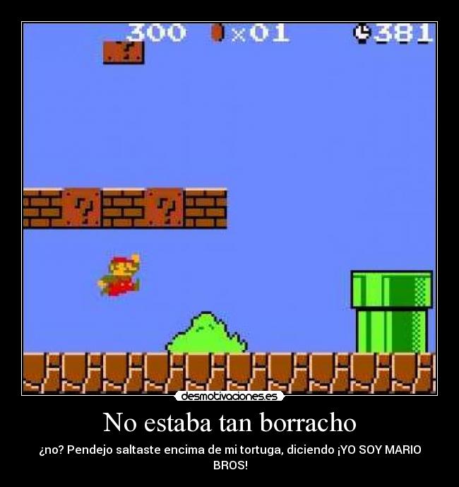 No estaba tan borracho - ¿no? Pendejo saltaste encima de mi tortuga, diciendo ¡YO SOY MARIO BROS!