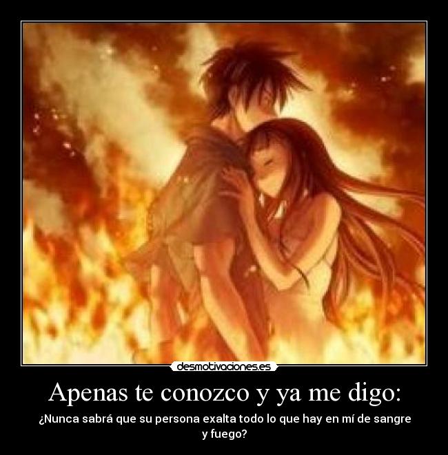 Apenas te conozco y ya me digo: - ¿Nunca sabrá que su persona exalta todo lo que hay en mí de sangre y fuego?