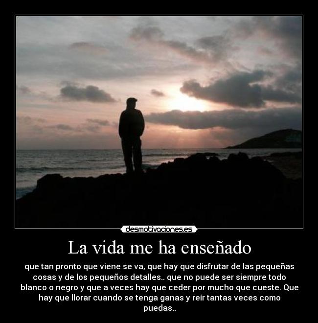 La vida me ha enseñado - que tan pronto que viene se va, que hay que disfrutar de las pequeñas
cosas y de los pequeños detalles.. que no puede ser siempre todo
blanco o negro y que a veces hay que ceder por mucho que cueste. Que
hay que llorar cuando se tenga ganas y reír tantas veces como
puedas..