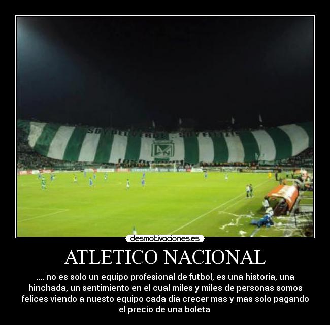 ATLETICO NACIONAL - .... no es solo un equipo profesional de futbol, es una historia, una
hinchada, un sentimiento en el cual miles y miles de personas somos
felices viendo a nuesto equipo cada dia crecer mas y mas solo pagando
el precio de una boleta 