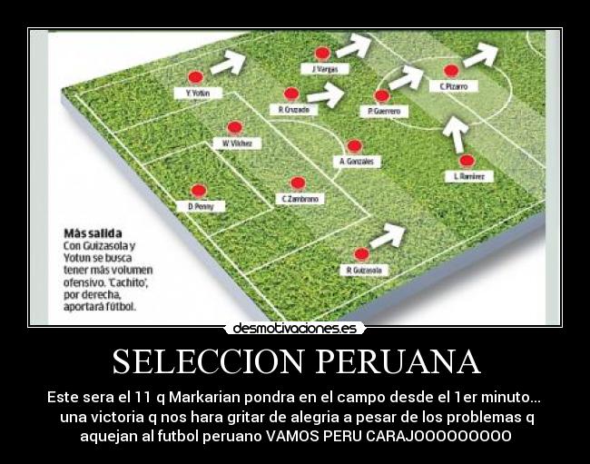 SELECCION PERUANA - Este sera el 11 q Markarian pondra en el campo desde el 1er minuto...
una victoria q nos hara gritar de alegria a pesar de los problemas q
aquejan al futbol peruano VAMOS PERU CARAJOOOOOOOOO