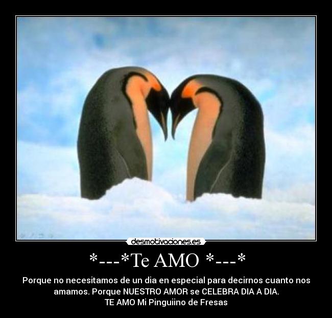 *---*Te AMO *---* - Porque no necesitamos de un dia en especial para decirnos cuanto nos
amamos. Porque NUESTRO AMOR se CELEBRA DIA A DIA.
TE AMO Mi Pinguiino de Fresas