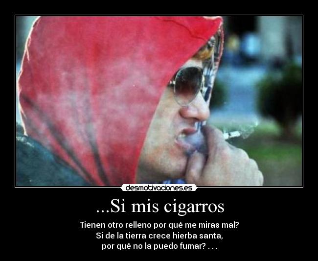 ...Si mis cigarros - Tienen otro relleno por qué me miras mal?
Si de la tierra crece hierba santa,
por qué no la puedo fumar? . . .