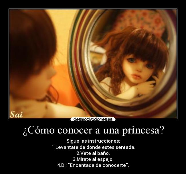 ¿Cómo conocer a una princesa? - Sigue las instrucciones:
1.Levantate de donde estes sentada.
2.Vete al baño.
3.Mirate al espejo.
4.Di: Encantada de conocerte.
