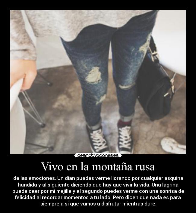 Vivo en la montaña rusa - de las emociones. Un dían puedes verme llorando por cualquier esquina
hundida y al siguiente diciendo que hay que vivir la vida. Una lagrina
puede caer por mi mejilla y al segundo puedes verme con una sonrisa de
felicidad al recordar momentos a tu lado. Pero dicen que nada es para
siempre a si que vamos a disfrutar mientras dure.