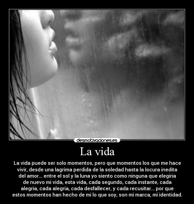La vida - La vida puede ser solo momentos, pero que momentos los que me hace
vivir, desde una lagrima perdida de la soledad hasta la locura inedita
del amor... entre el sol y la luna yo siento como ninguna que elegiria
de nuevo mi vida, esta vida, cada segundo, cada instante, cada
alegria, cada alegria, cada desfallecer, y cada recusitar... por que
estos momentos han hecho de mi lo que soy, son mi marca, mi identidad.
