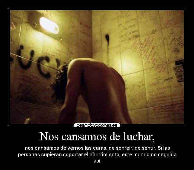 Nos cansamos de luchar, - nos cansamos de vernos las caras, de sonreír, de sentir. Si las
personas supieran soportar el aburrimiento, este mundo no seguiría
así.