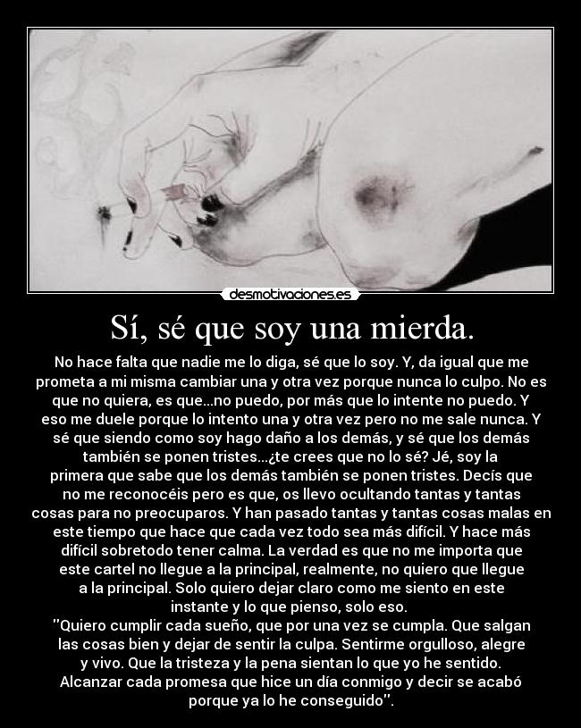 Sí, sé que soy una mierda. - No hace falta que nadie me lo diga, sé que lo soy. Y, da igual que me
prometa a mi misma cambiar una y otra vez porque nunca lo culpo. No es
que no quiera, es que...no puedo, por más que lo intente no puedo. Y
eso me duele porque lo intento una y otra vez pero no me sale nunca. Y
sé que siendo como soy hago daño a los demás, y sé que los demás
también se ponen tristes...¿te crees que no lo sé? Jé, soy la
primera que sabe que los demás también se ponen tristes. Decís que
no me reconocéis pero es que, os llevo ocultando tantas y tantas
cosas para no preocuparos. Y han pasado tantas y tantas cosas malas en
este tiempo que hace que cada vez todo sea más difícil. Y hace más
difícil sobretodo tener calma. La verdad es que no me importa que
este cartel no llegue a la principal, realmente, no quiero que llegue
a la principal. Solo quiero dejar claro como me siento en este
instante y lo que pienso, solo eso.
Quiero cumplir cada sueño, que por una vez se cumpla. Que salgan
las cosas bien y dejar de sentir la culpa. Sentirme orgulloso, alegre
y vivo. Que la tristeza y la pena sientan lo que yo he sentido.
Alcanzar cada promesa que hice un día conmigo y decir se acabó
porque ya lo he conseguido.