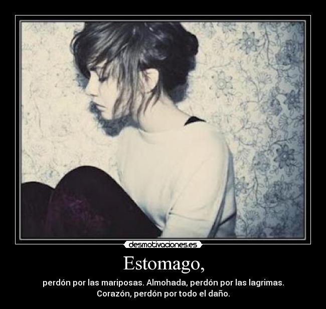 Estomago, - perdón por las mariposas. Almohada, perdón por las lagrimas.
Corazón, perdón por todo el daño.