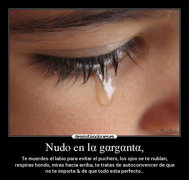 Nudo en lα gαrgαntα, - Te muerdes el labio para evitar el puchero, los ojos se te nublan,
respiras hondo, miras hacia arriba, te tratas de autoconvencer de que
no te importa & de que todo esta perfecto...