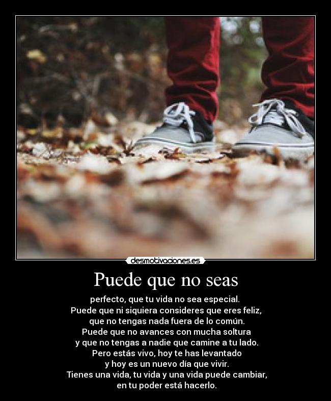 Puede que no seas - perfecto, que tu vida no sea especial. 
Puede que ni siquiera consideres que eres feliz,
 que no tengas nada fuera de lo común.
 Puede que no avances con mucha soltura
 y que no tengas a nadie que camine a tu lado.
 Pero estás vivo, hoy te has levantado
 y hoy es un nuevo día que vivir.
 Tienes una vida, tu vida y una vida puede cambiar,
 en tu poder está hacerlo.