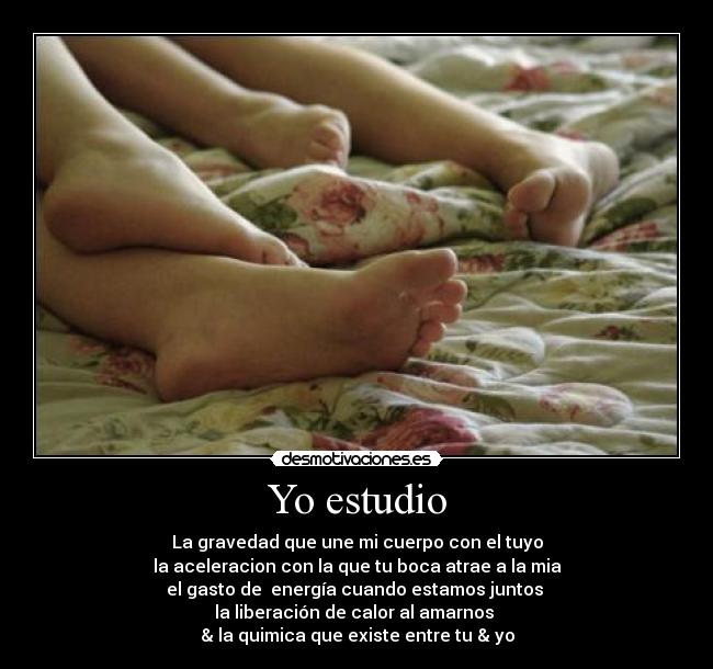 Yo estudio - La gravedad que une mi cuerpo con el tuyo
la aceleracion con la que tu boca atrae a la mia
el gasto de energía cuando estamos juntos
la liberación de calor al amarnos
& la quimica que existe entre tu & yo