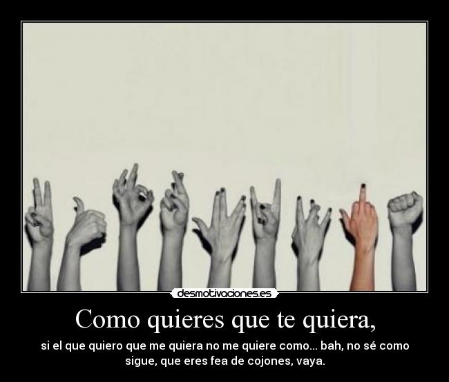 Como quieres que te quiera, - si el que quiero que me quiera no me quiere como... bah, no sé como
sigue, que eres fea de cojones, vaya.