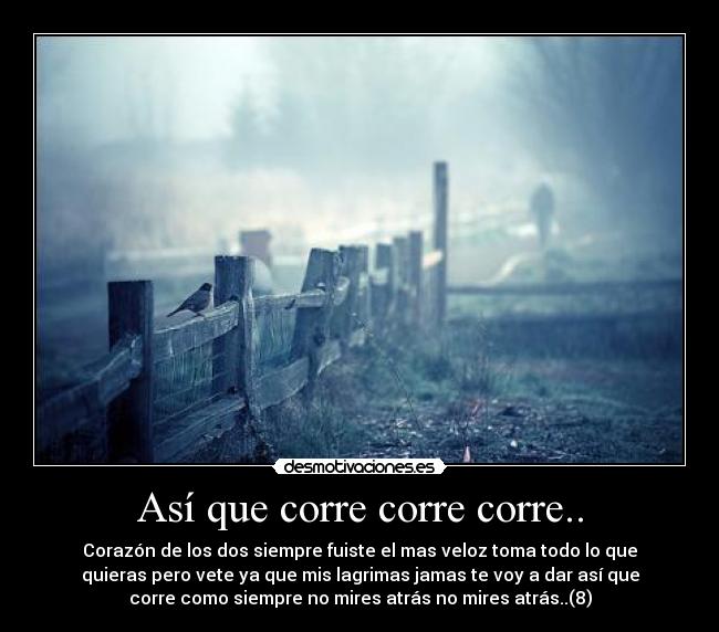 Así que corre corre corre.. - Corazón de los dos siempre fuiste el mas veloz toma todo lo que
quieras pero vete ya que mis lagrimas jamas te voy a dar así que
corre como siempre no mires atrás no mires atrás..(8)