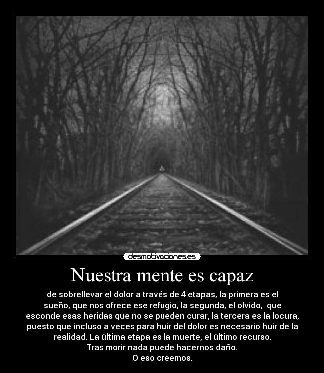 Nuestra mente es capaz - de sobrellevar el dolor a través de 4 etapas, la primera es el
sueño, que nos ofrece ese refugio, la segunda, el olvido,  que
esconde esas heridas que no se pueden curar, la tercera es la locura,
puesto que incluso a veces para huir del dolor es necesario huir de la
realidad. La última etapa es la muerte, el último recurso.
Tras morir nada puede hacernos daño.
O eso creemos.
