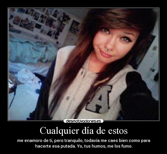 Cualquier día de estos - me enamoro de ti, pero tranquilo, todavía me caes bien como para
hacerte esa putada. Yo, tus humos, me los fumo.