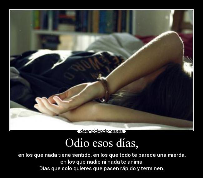 Odio esos días, - en los que nada tiene sentido, en los que todo te parece una mierda,
en los que nadie ni nada te anima.
Días que solo quieres que pasen rápido y terminen.