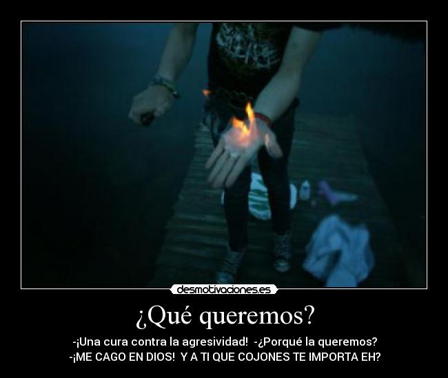 ¿Qué queremos? - -¡Una cura contra la agresividad! -¿Porqué la queremos?
-¡ME CAGO EN DIOS! Y A TI QUE COJONES TE IMPORTA EH?