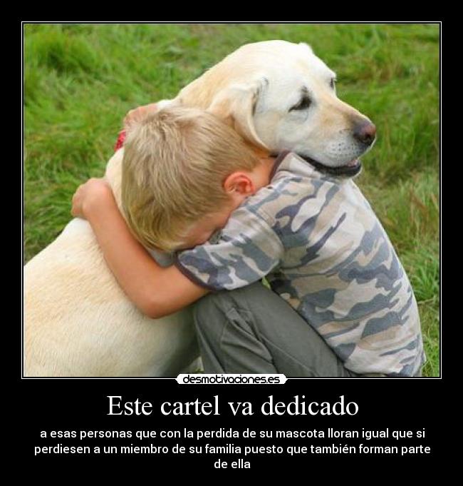 Este cartel va dedicado - a esas personas que con la perdida de su mascota lloran igual que si
perdiesen a un miembro de su familia puesto que también forman parte
de ella