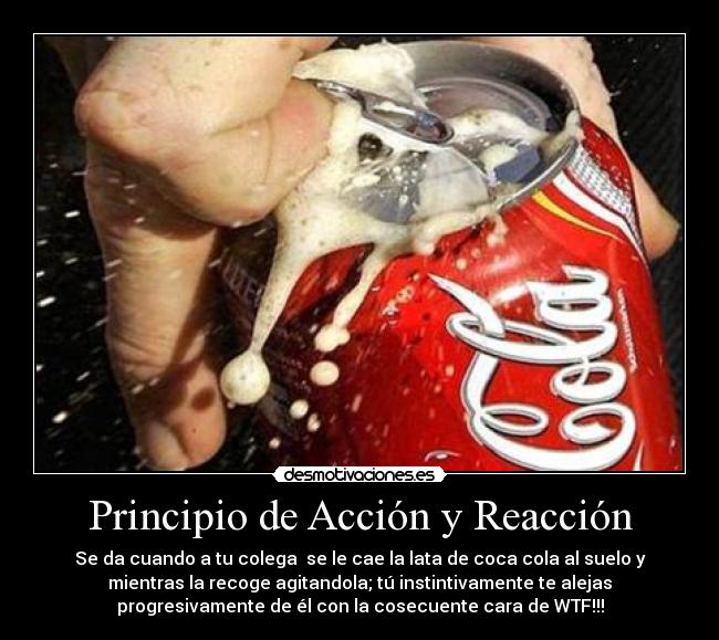 Principio de Acción y Reacción - Se da cuando a tu colega se le cae la lata de coca cola al suelo y
mientras la recoge agitandola; tú instintivamente te alejas
progresivamente de él con la cosecuente cara de WTF!!!
