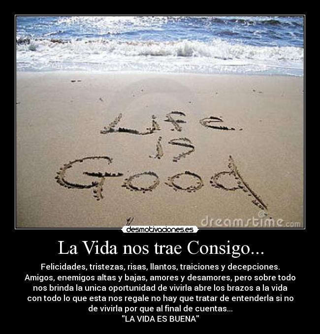 La Vida nos trae Consigo... - Felicidades, tristezas, risas, llantos, traiciones y decepciones.
Amigos, enemigos altas y bajas, amores y desamores, pero sobre todo
nos brinda la unica oportunidad de vivirla abre los brazos a la vida
con todo lo que esta nos regale no hay que tratar de entenderla si no
de vivirla por que al final de cuentas...
LA VIDA ES BUENA