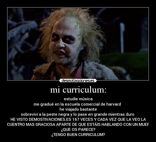 mi curriculum: - estudie música
me gradué en la escuela comercial de harvard
he viajado bastante
sobreviví a la peste negra y lo pase en grande mientras duro
HE VISTO DEMOSTIVACIONES.ES 167 VECES Y CADA VEZ QUE LA VEO LA
ENCUENTRO MAS GRACIOSA APARTE DE QUE ESTÁIS HABLANDO CON UN MUERTO
¿QUE OS PARECE?
¿TENGO BUEN CURRICULUM?
