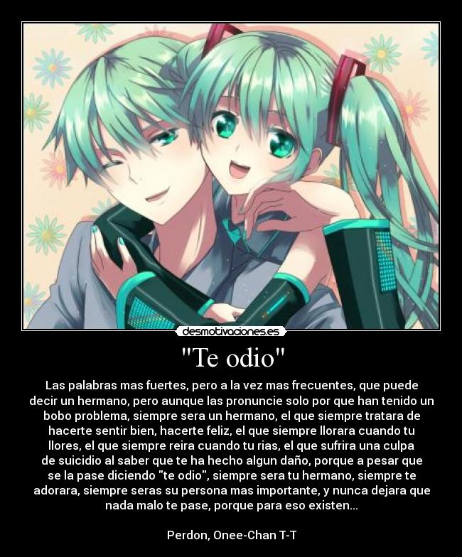 Te odio - Las palabras mas fuertes, pero a la vez mas frecuentes, que puede
decir un hermano, pero aunque las pronuncie solo por que han tenido un
bobo problema, siempre sera un hermano, el que siempre tratara de
hacerte sentir bien, hacerte feliz, el que siempre llorara cuando tu
llores, el que siempre reira cuando tu rias, el que sufrira una culpa
de suicidio al saber que te ha hecho algun daño, porque a pesar que
se la pase diciendo te odio, siempre sera tu hermano, siempre te
adorara, siempre seras su persona mas importante, y nunca dejara que
nada malo te pase, porque para eso existen...

Perdon, Onee-Chan T-T