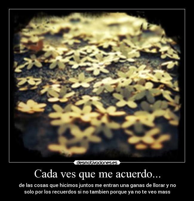 Cada ves que me acuerdo... - de las cosas que hicimos juntos me entran una ganas de llorar y no
solo por los recuerdos si no tambien porque ya no te veo mass