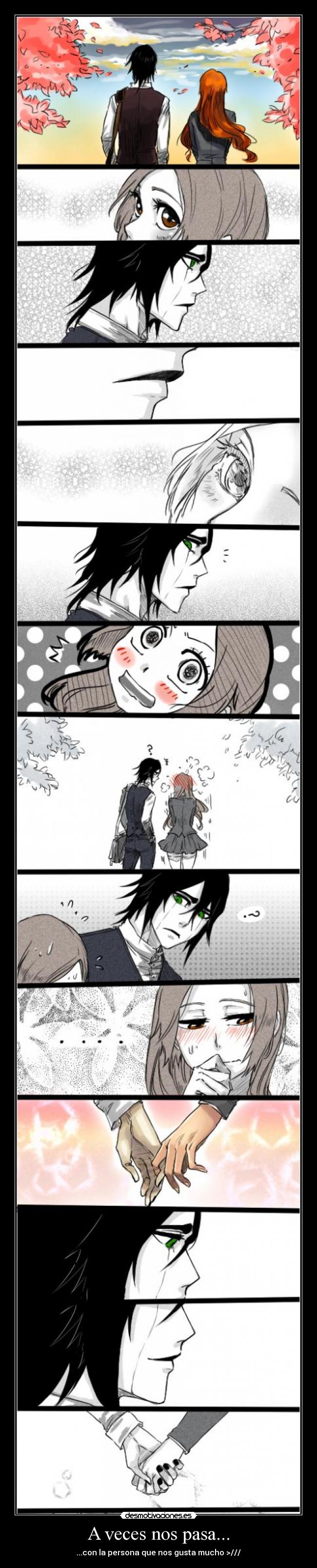 carteles amor gusta sonrojada carino mano bleach ulquiorra orihime ojos calor verguenza desmotivaciones